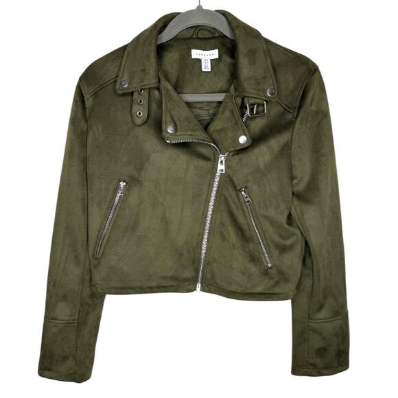 Topshop Faux Suede Moto Jacket Lux Olive Green With Silver Hardware Size 6 - Picture 5 of 8